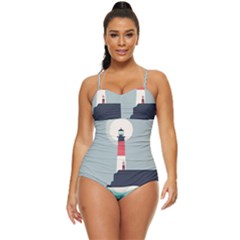 Lighthouse Ocean Nautical Sea Minimal Minimalist Retro Full Coverage Swimsuit by Pakemis