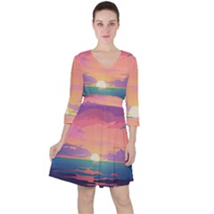 Sunset Ocean Beach Water Tropical Island Vacation 4 Quarter Sleeve Ruffle Waist Dress by Pakemis