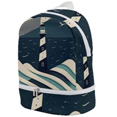 Lighthouse Abstract Ocean Sea Waves Water Blue Zip Bottom Backpack by Pakemis