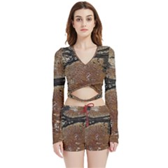 Rustic Charm Abstract Print Velvet Wrap Crop Top And Shorts Set by dflcprintsclothing