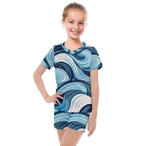 Pattern Ocean Waves Arctic Ocean Blue Nature Sea Kids  Mesh Tee And Shorts Set by Pakemis