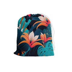 Tropical Flowers Floral Floral Pattern Patterns Drawstring Pouch (large) by Pakemis