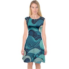 Waves Ocean Sea Abstract Whimsical Abstract Art Capsleeve Midi Dress by Pakemis