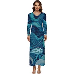 Waves Ocean Sea Abstract Whimsical Abstract Art Long Sleeve Longline Maxi Dress by Pakemis