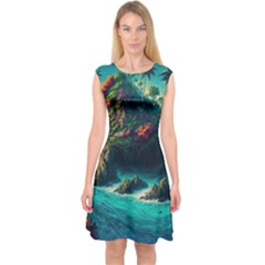Tropical Island Paradise Ocean Sea Palm Trees Capsleeve Midi Dress by Pakemis