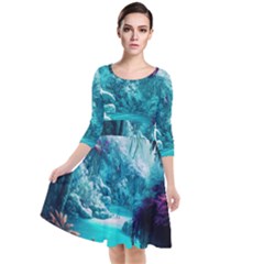 Landscape Nature Digital Art Palm Trees Paradise Quarter Sleeve Waist Band Dress by Pakemis