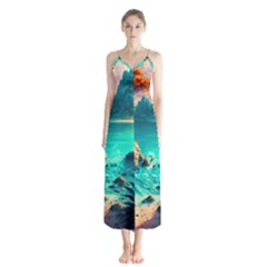 Tropical Paradise Beach Ocean Shore Sea Fantasy Button Up Chiffon Maxi Dress by Pakemis