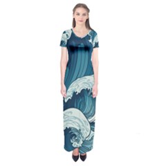 Waves Ocean Sea Pattern Water Tsunami Rough Seas Short Sleeve Maxi Dress by Pakemis