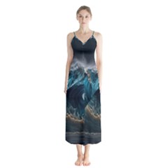 Tsunami Waves Ocean Sea Water Rough Seas 5 Button Up Chiffon Maxi Dress by Pakemis