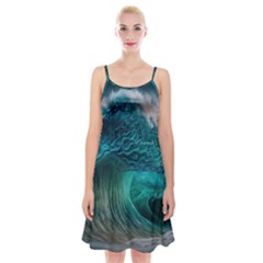 Tsunami Waves Ocean Sea Water Rough Seas Spaghetti Strap Velvet Dress by Pakemis