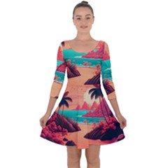 Tropical Beach Sea Jungle Ocean Landscape Quarter Sleeve Skater Dress by Pakemis