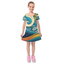 Waves Wave Ocean Sea Abstract Whimsical Abstract Art Kids  Short Sleeve Velvet Dress by Pakemis