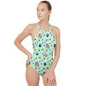 Dog Pattern Seamless Blue Background Scrapbooking High Neck One Piece Swimsuit View1