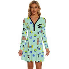 Dog Pattern Seamless Blue Background Scrapbooking Long Sleeve Deep V Mini Dress  by Wegoenart