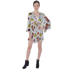 Background Pattern Texture Design Dog Music V-neck Flare Sleeve Mini Dress by Wegoenart