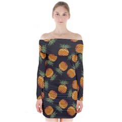 Pineapple Background Pineapple Pattern Long Sleeve Off Shoulder Dress by Wegoenart