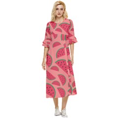 Watermelon Red Food Fruit Healthy Summer Fresh Double Cuff Midi Dress by Wegoenart