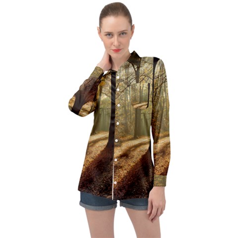 Autumn Nature Woodland Woods Trees Long Sleeve Satin Shirt by Jancukart