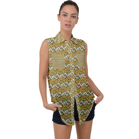 Pattern Sleeveless Chiffon Button Shirt by Sparkle