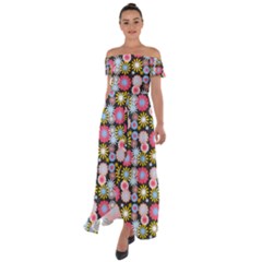 Pretty Flowers Off Shoulder Open Front Chiffon Dress by GardenOfOphir