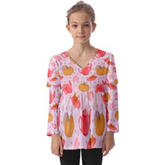 Pumpkin Tea Cup Pie Dessert Kids  V Neck Casual Top by Semog4