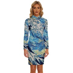 Starry Night Hokusai Vincent Van Gogh The Great Wave Off Kanagawa Long Sleeve Shirt Collar Bodycon Dress by Semog4