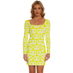 Yellow Pretzel Illustrations Pattern Long Sleeve Square Neck Bodycon Velvet Dress by GardenOfOphir