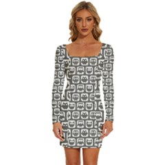 Gray And White Owl Pattern Long Sleeve Square Neck Bodycon Velvet Dress by GardenOfOphir