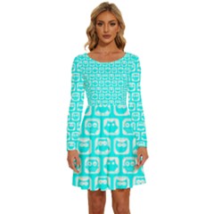 Aqua Turquoise And White Owl Pattern Long Sleeve Wide Neck Velvet Dress by GardenOfOphir