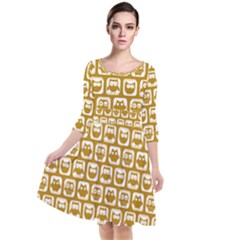 Olive And White Owl Pattern Quarter Sleeve Waist Band Dress by GardenOfOphir