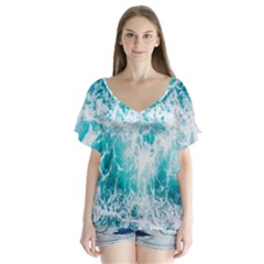Tropical Blue Ocean Wave V-neck Flutter Sleeve Top by Jack14