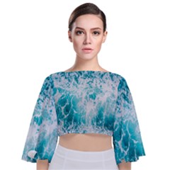 Tropical Blue Ocean Wave Tie Back Butterfly Sleeve Chiffon Top by Jack14