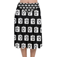 Modern Chic Vector Camera Illustration Pattern Velvet Flared Midi Skirt by GardenOfOphir