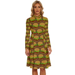 Burger Snadwich Food Tile Pattern Long Sleeve Shirt Collar A-line Dress by GardenOfOphir