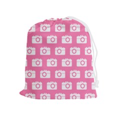 Pink Modern Chic Vector Camera Illustration Pattern Drawstring Pouch (xl) by GardenOfOphir