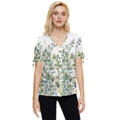 Gold And Green Eucalyptus Leaves Bow Sleeve Button Up Top by Jack14