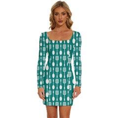 Teal And White Spatula Spoon Pattern Long Sleeve Square Neck Bodycon Velvet Dress by GardenOfOphir