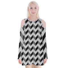Modern Retro Chevron Patchwork Pattern Velvet Long Sleeve Shoulder Cutout Dress by GardenOfOphir