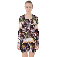 Death Skull Floral V-neck Bodycon Long Sleeve Dress by GardenOfOphir