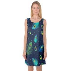 Blue Background Pattern Feather Peacock Sleeveless Satin Nightdress by Semog4
