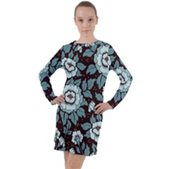 Vintage Floral Pattern Blue Damask Pattern Blue Vintage Long Sleeve Hoodie Dress by Semog4