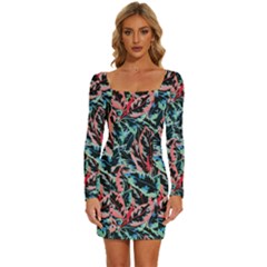 Leaves Leaf Pattern Patterns Colorfu Long Sleeve Square Neck Bodycon Velvet Dress by Semog4