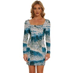 Waves Wave Nature Beach Long Sleeve Square Neck Bodycon Velvet Dress by Semog4