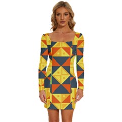 Background Geometric Color Long Sleeve Square Neck Bodycon Velvet Dress by Semog4