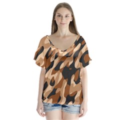 Abstract Camouflage Pattern V-neck Flutter Sleeve Top by Jack14