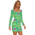 Checkerboard-squares-abstract-- Long Sleeve Square Neck Bodycon Velvet Dress View3