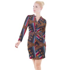 Pattern Accordion Button Long Sleeve Dress by Semog4