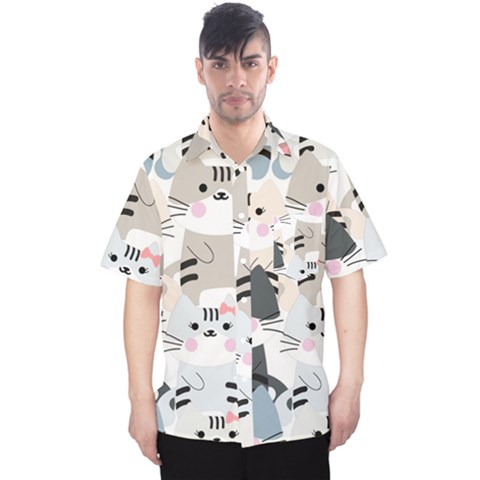 Cute Cat Couple Seamless Pattern Cartoon Men s Hawaii Shirt by Semog4