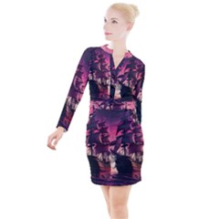 Ship Pirate Adventure Landscape Ocean Sun Heaven Button Long Sleeve Dress by Semog4