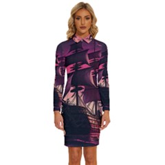 Ship Pirate Adventure Landscape Ocean Sun Heaven Long Sleeve Shirt Collar Bodycon Dress by Semog4